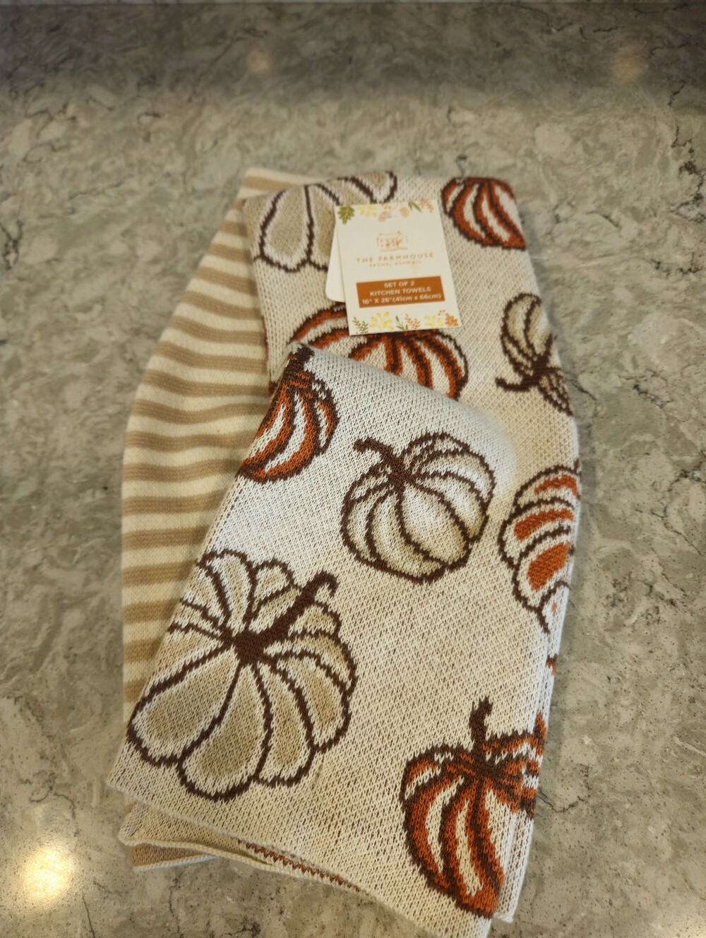 Rachel Ashwell The Farmhouse Set Of 2 Sweater Knit Cream Pumpkin Kitchen Towels